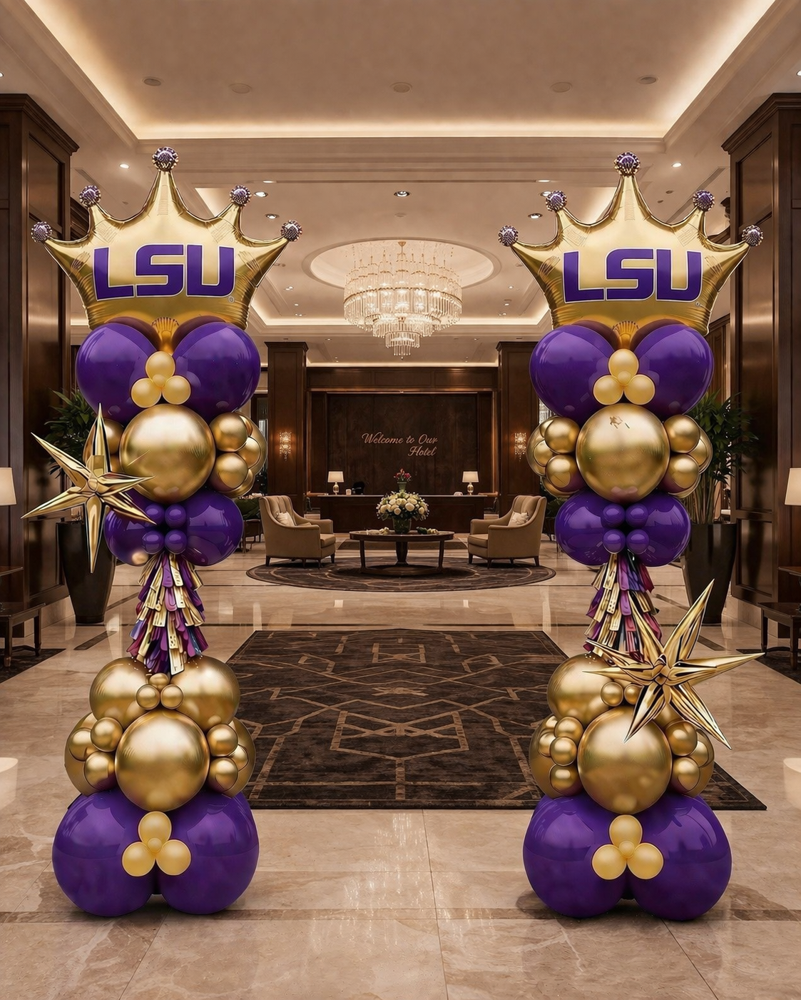 College balloon column decor for LSU in school colors and a school logo.