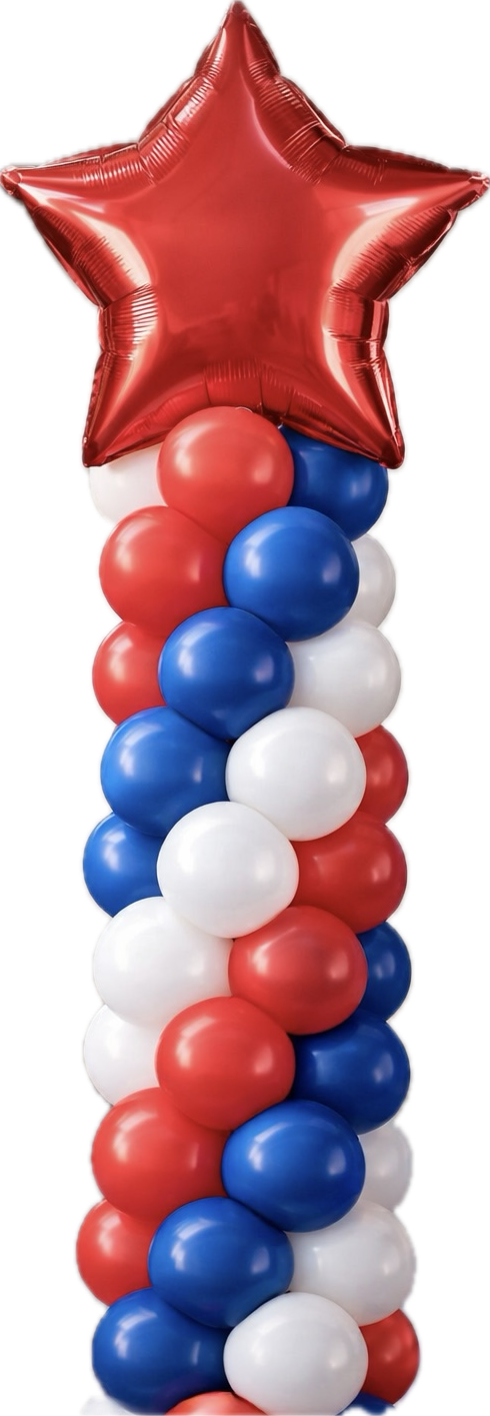A red white and blue balloon tower with a red star on top