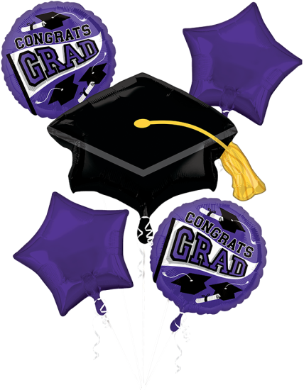 Graduation-themed balloons in purple and black with 