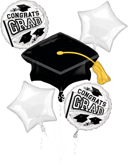 Graduation-themed balloons in white and black with 