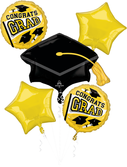 Graduation-themed balloons in yellow and black with 