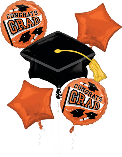 Graduation-themed balloons in orange and black with 