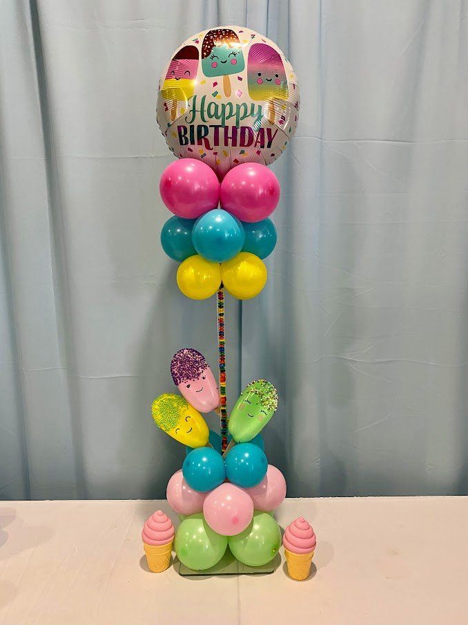 A table topped with balloons and ice cream cones and a happy birthday balloon.