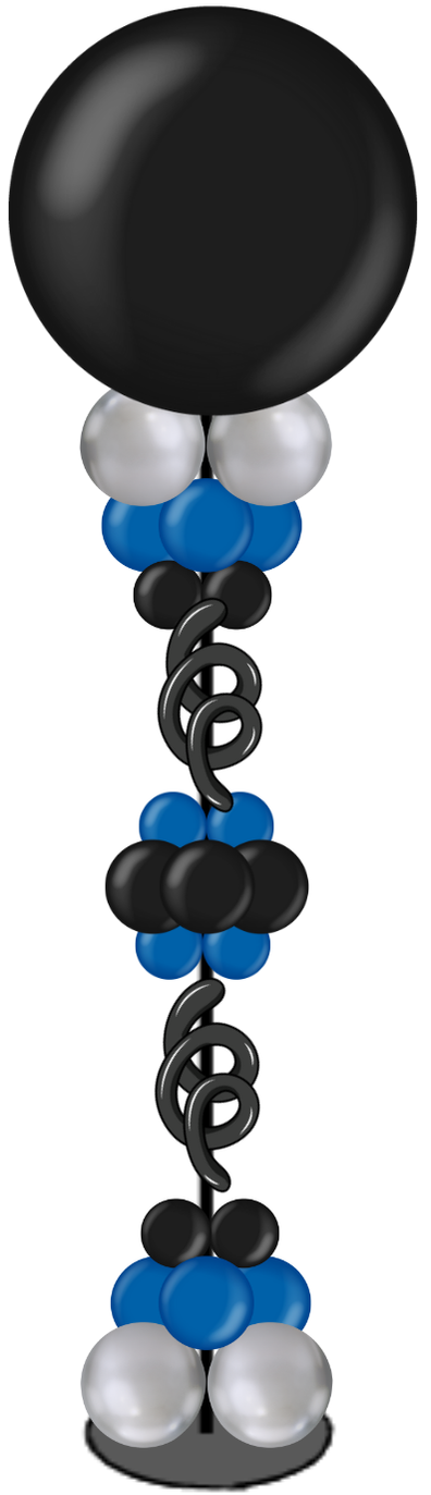 A black , white , and blue balloon display with a black balloon in the middle.