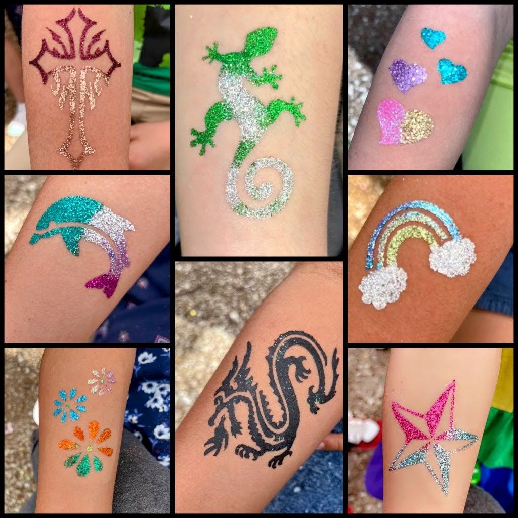 a collage of children 's glitter tattoos on their arms