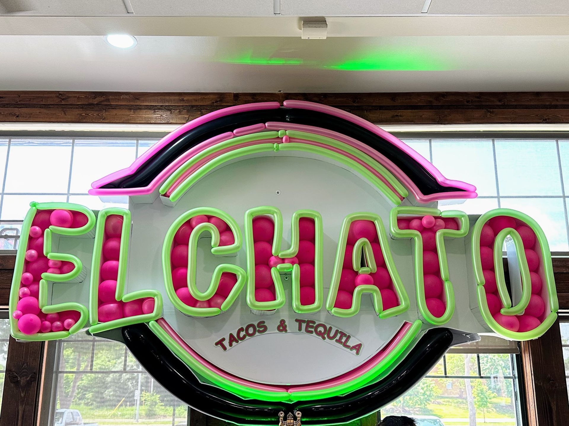 A neon sign for el chato tacos and tequila