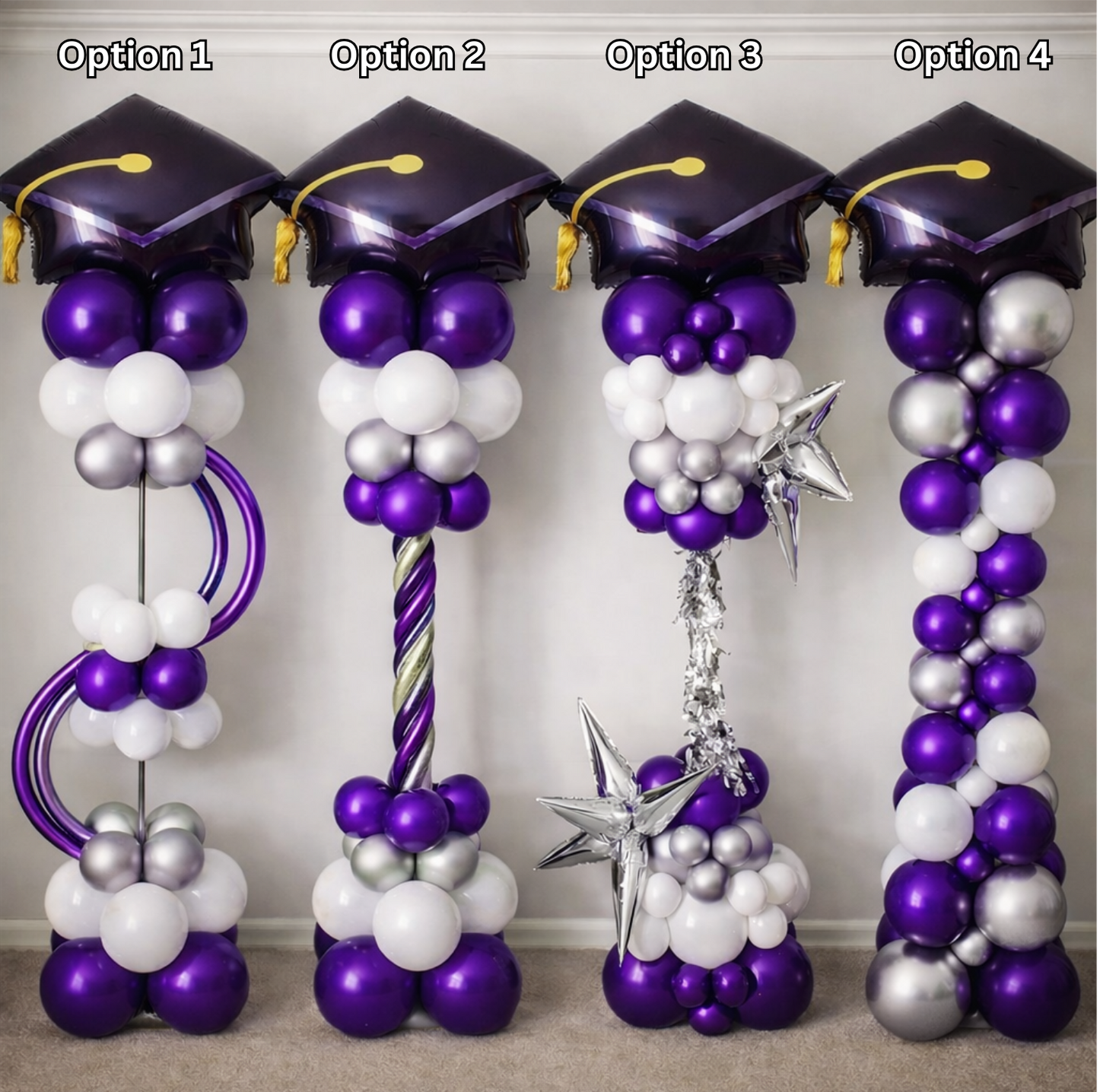 Graduation themed balloon columns featuring purple, white, and black balloons with graduation cap toppers