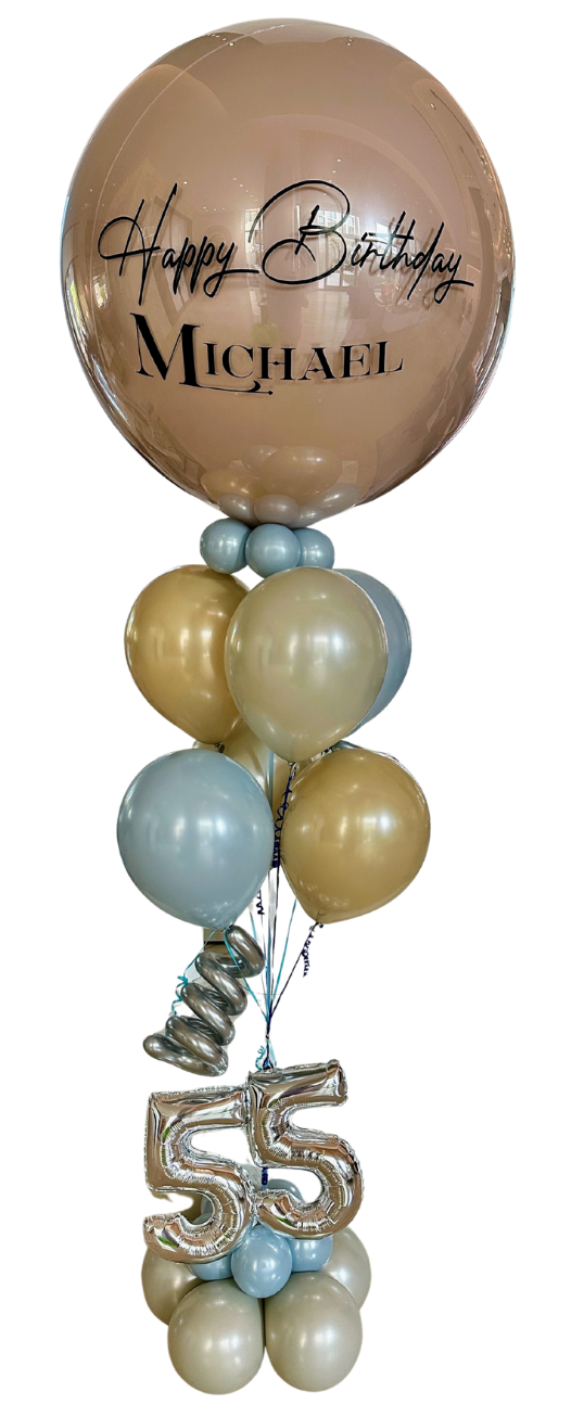 Vintage Gold Personalized jumbo balloon bouquet in an arrangement of 6 latex balloons with the number 55 in foil balloons