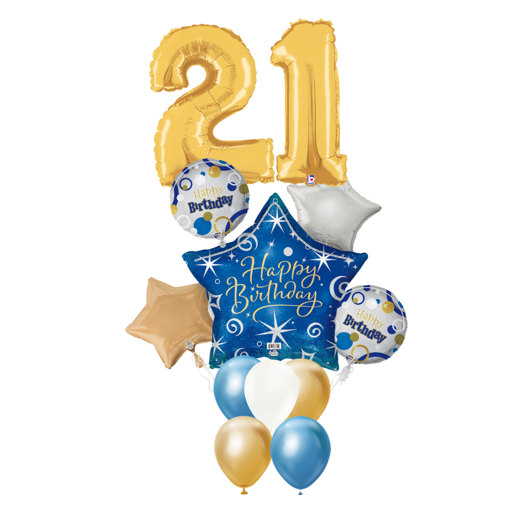 Deluxe birthday balloon bouquet with gold 40in mylar numbers, blue star foil, round Happy Birthday foils, and latex balloons