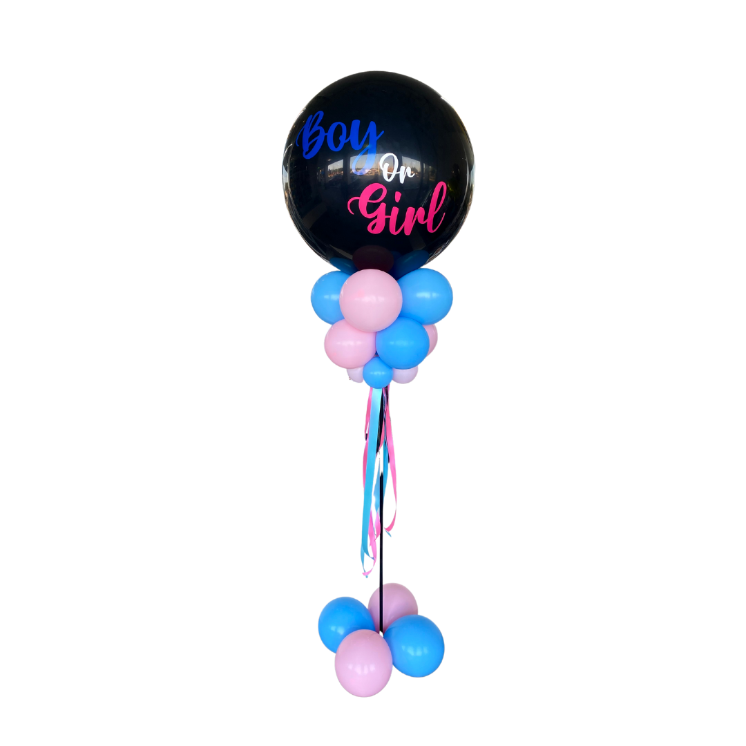 a black boy or girl balloon surrounded by pink and blue balloons
