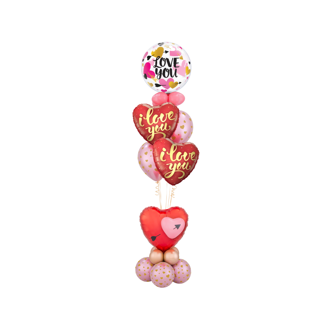 A bunch of balloons with hearts on them that say `` i love you ''.