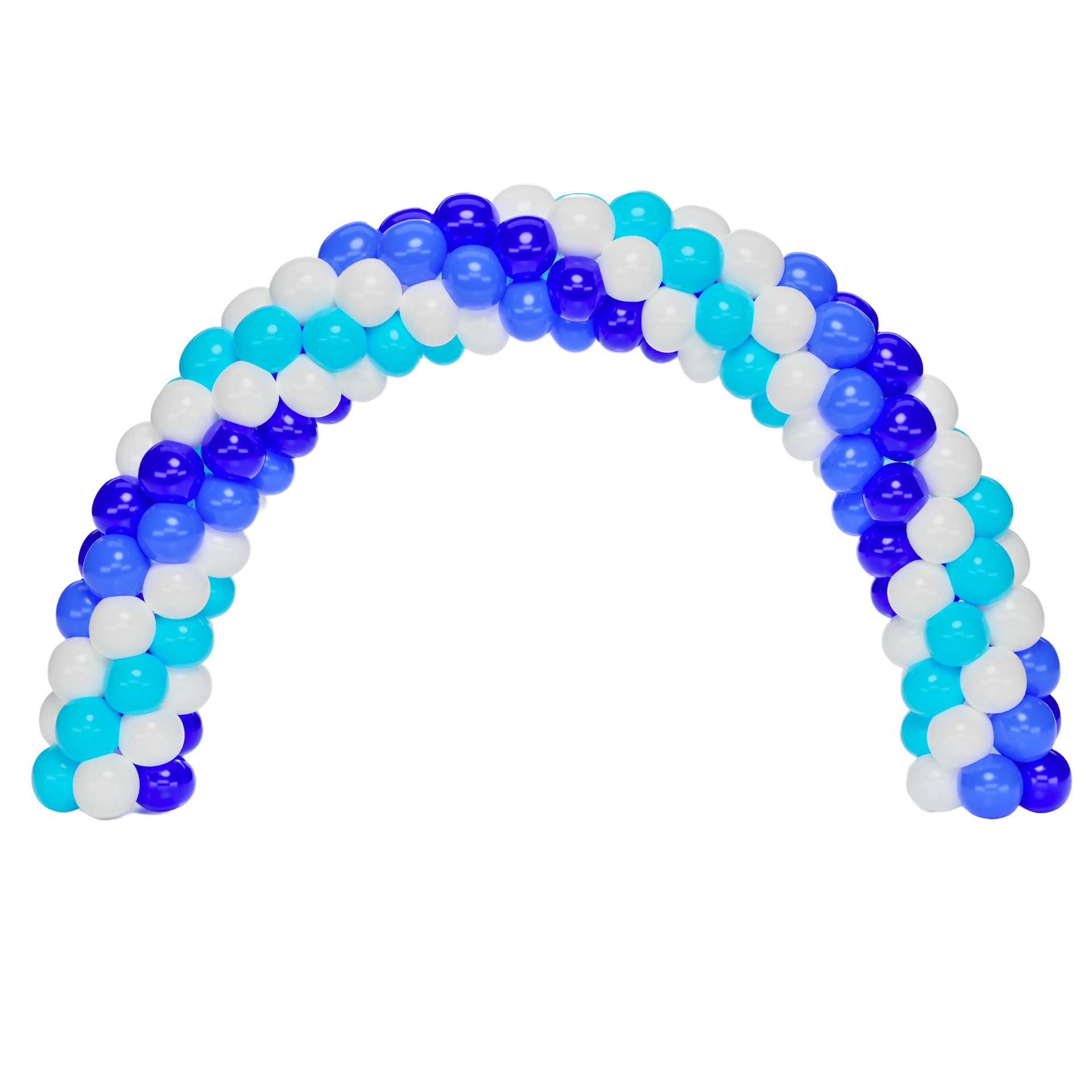 A blue and white balloon arch on a white background