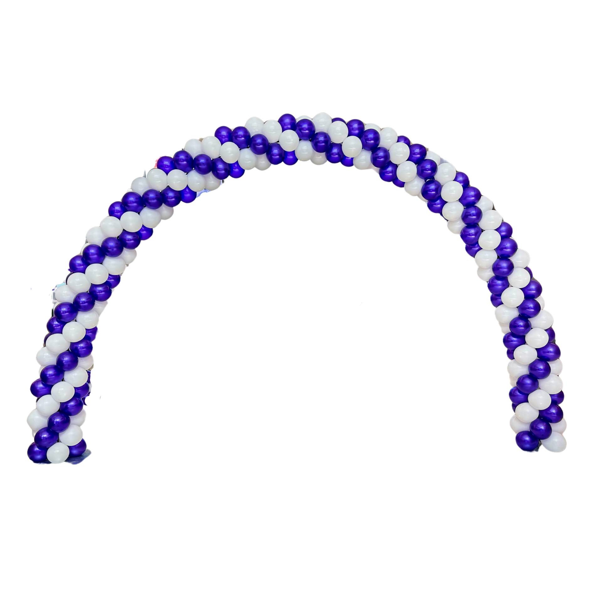 A purple and white balloon arch on a white background