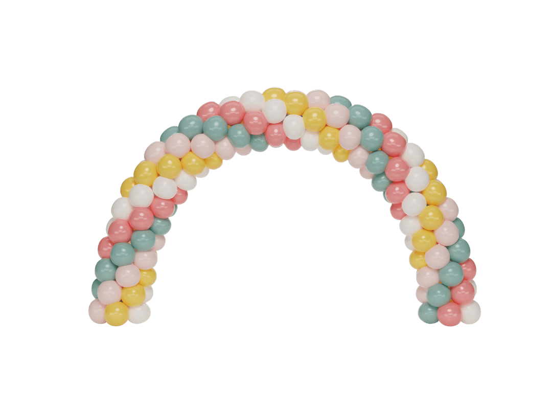 A rainbow made of colorful balloons on a white background.