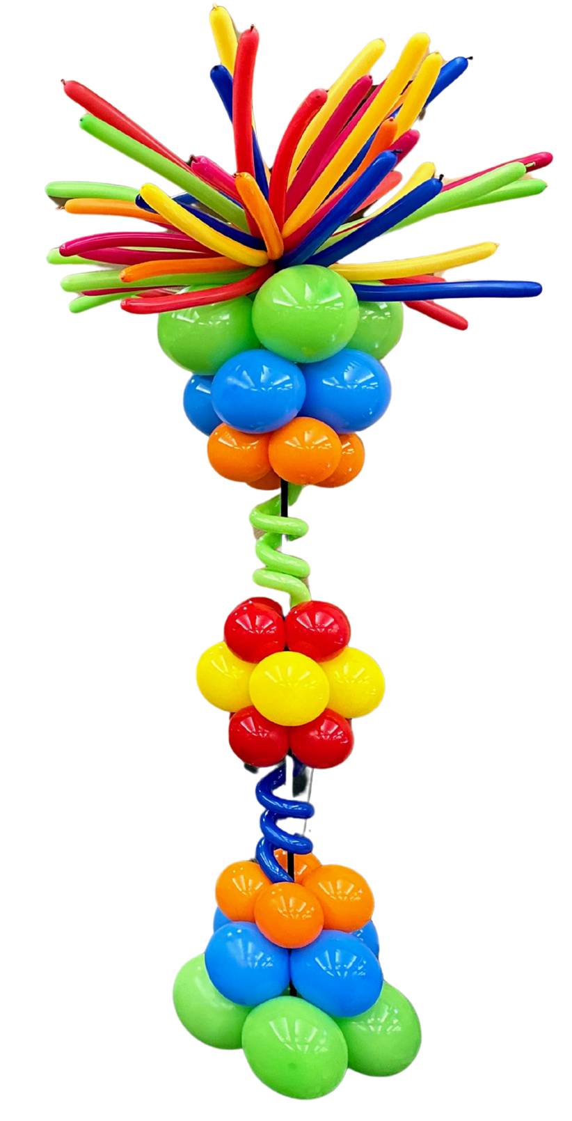 A balloon arrangement with red , black and white balloons and swirls.