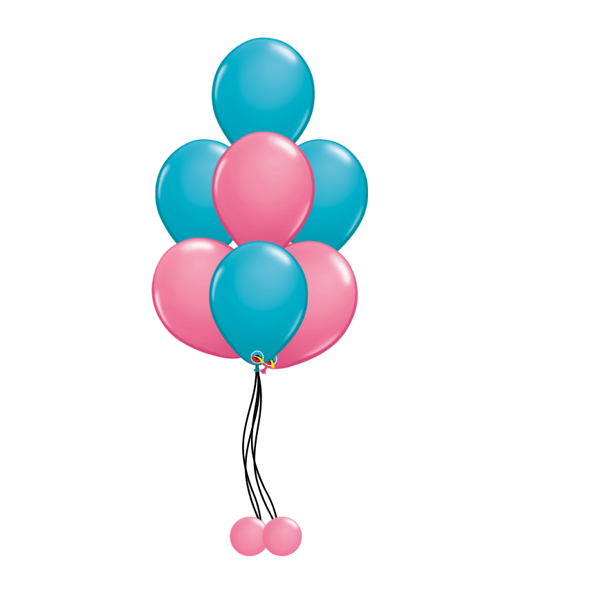 A bunch of pink and blue balloons hanging from a string.