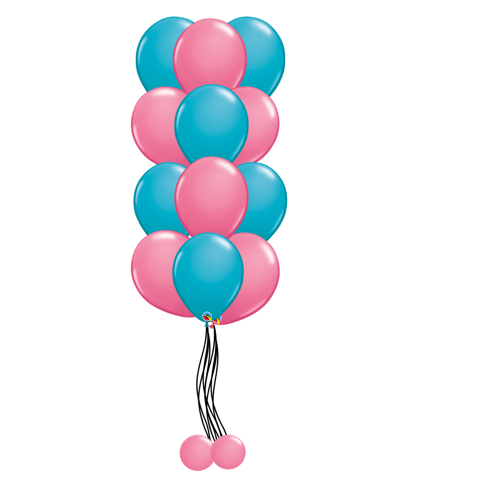 A bunch of pink and blue balloons hanging from a string.