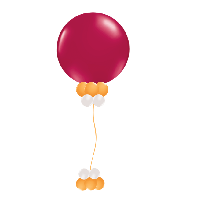 A red balloon is surrounded by orange and white balloons