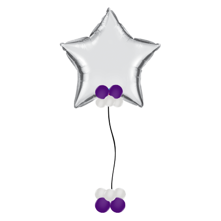 A white star shaped balloon with purple and white balloons attached to it.