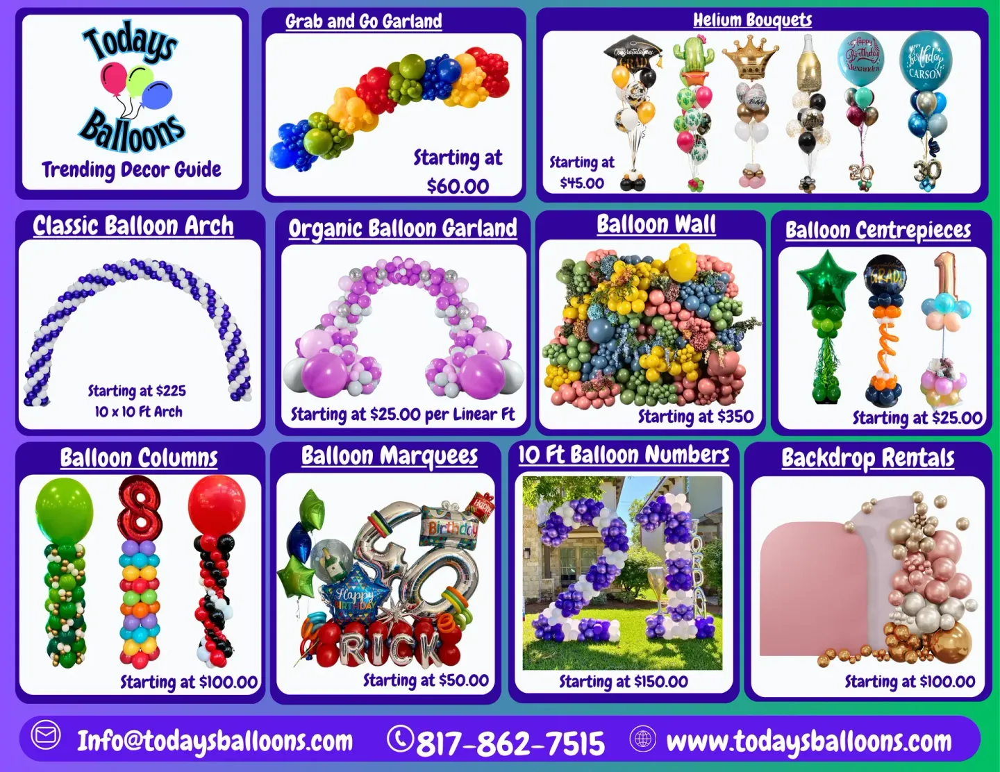 A pricing guide showing balloon examples and styles.
