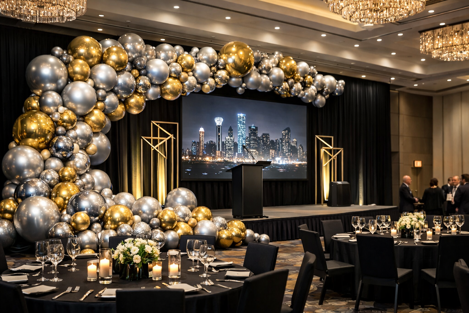 Corporate balloon decor installation at Fort Worth business event with metallic garlands