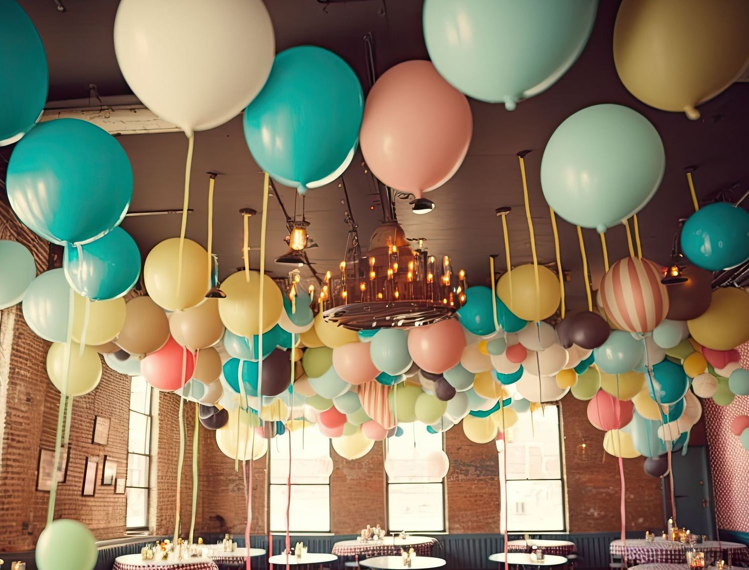 A bunch of colorful balloons are hanging from the ceiling