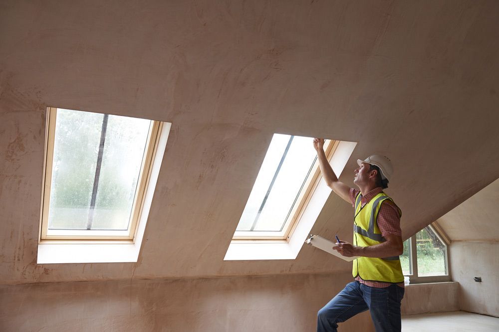 A Man Is Standing In A Room Looking At A Skylight — Salt Building & Pest Inspections in Elanora, QLD