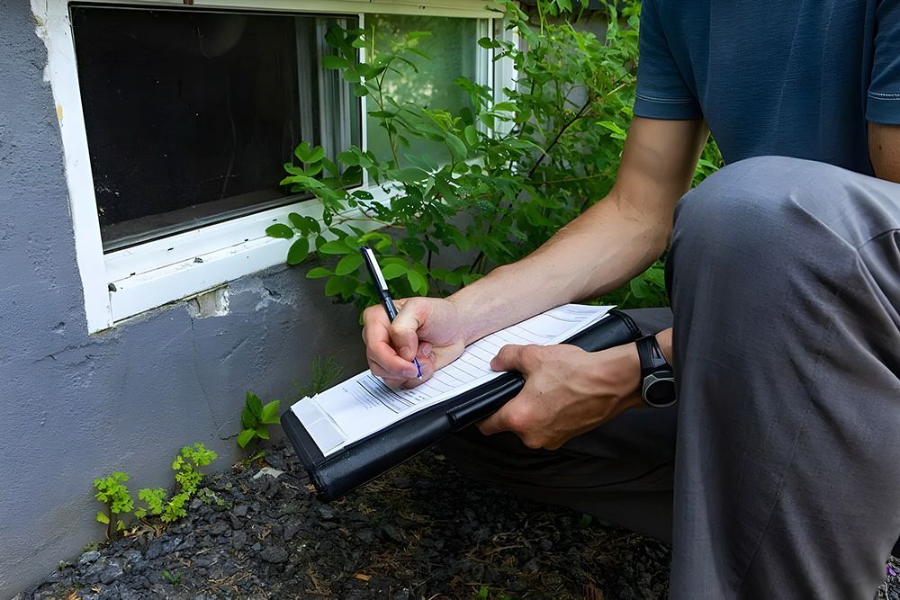 Person Taking Notes on Clipboard Next to a Basement Window