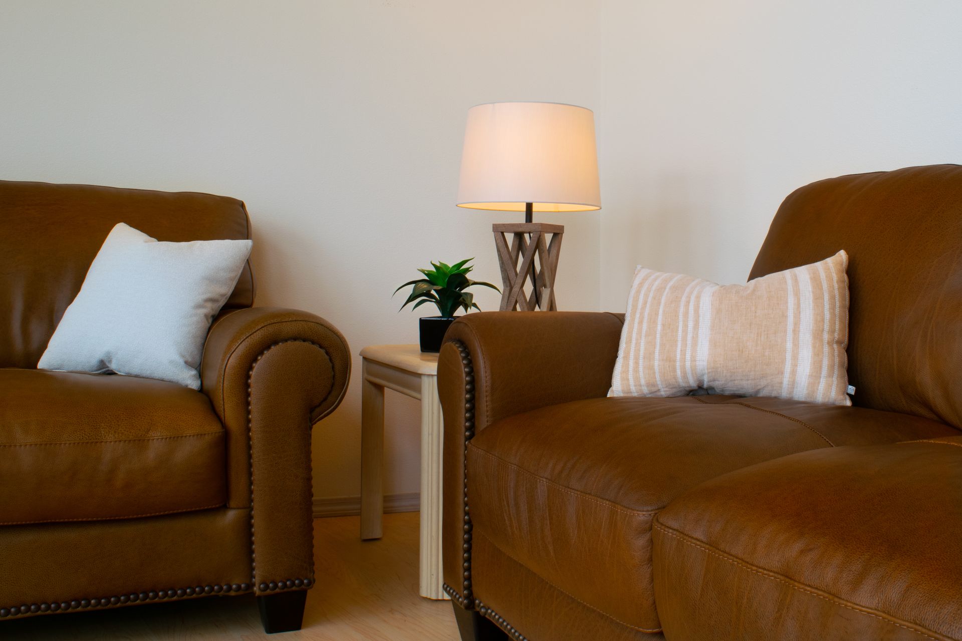 Two brown leather sofas with pillows, a lamp on a small table with a plant, against a white wall.