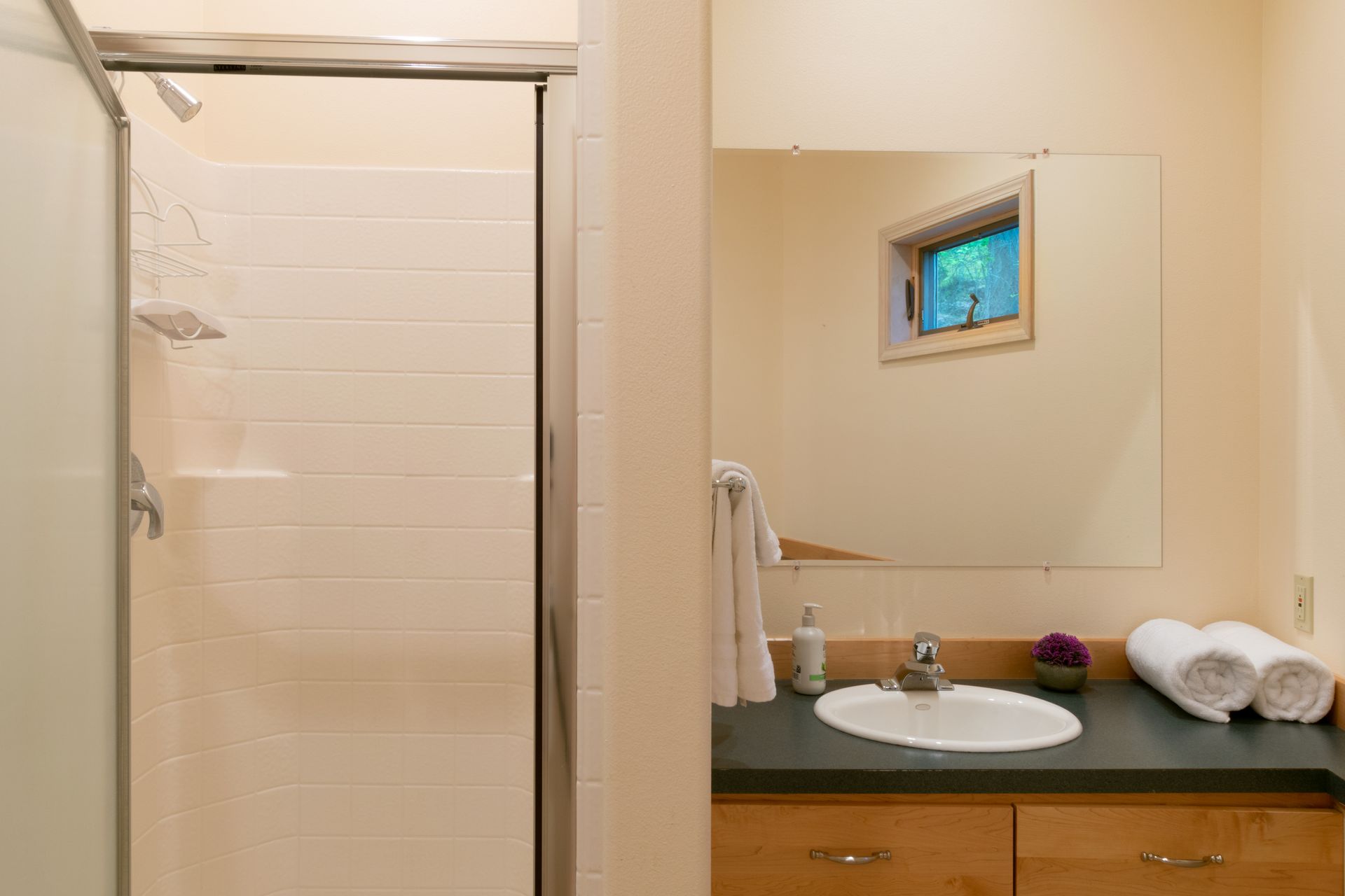 Bathroom with a shower on the left, sink and mirror on the right.