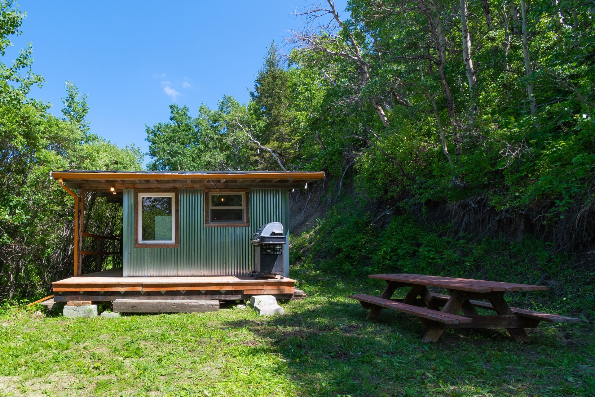 A small, weathered green cabin with a porch and picnic table sits in a grassy area surrounded by trees on a sunny day.