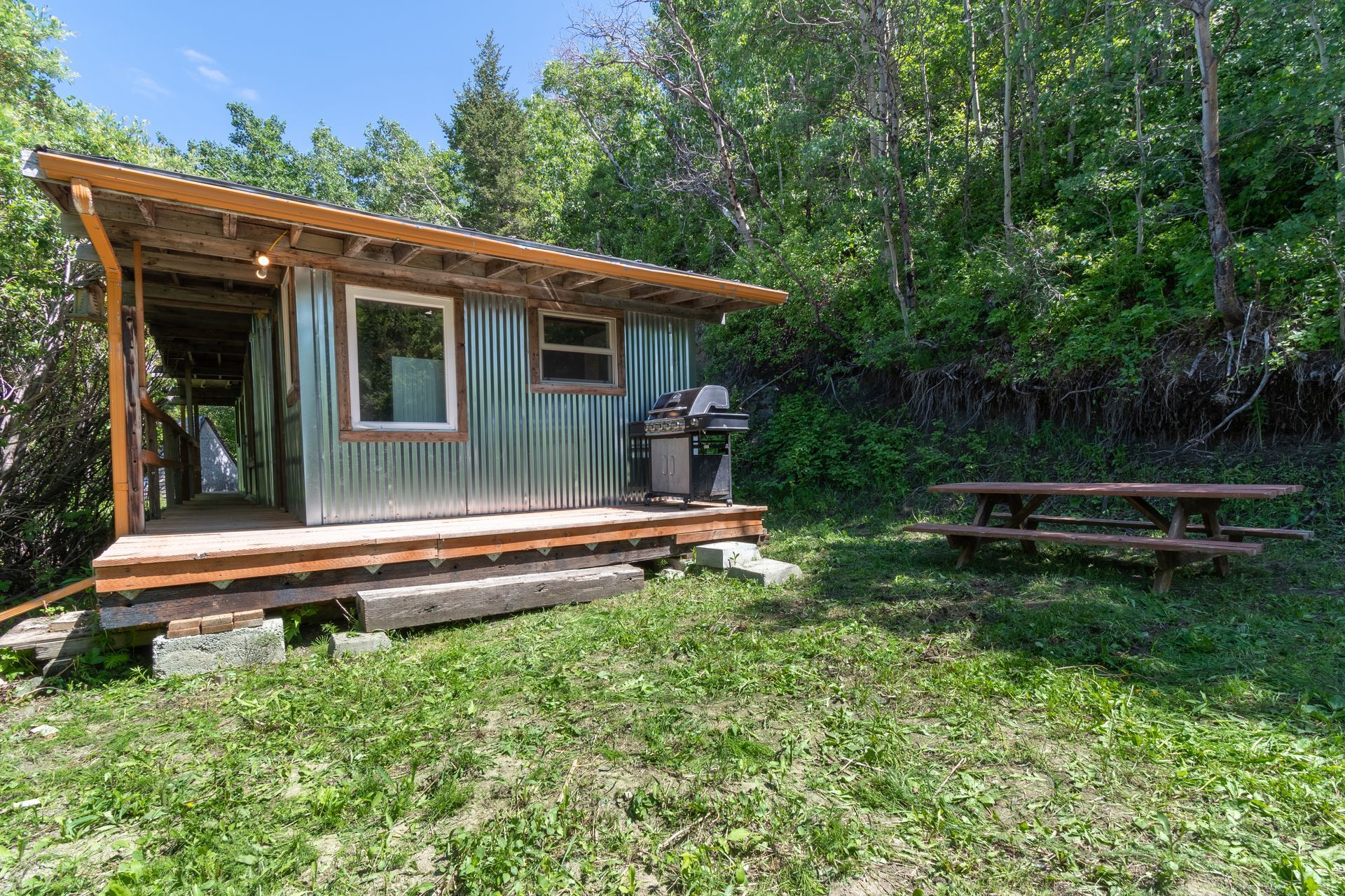Small, rustic cabin with metal siding and a covered porch, next to a picnic table and trees.