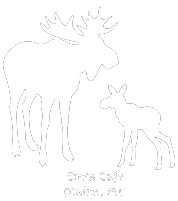 Outline of a moose and calf with the text 