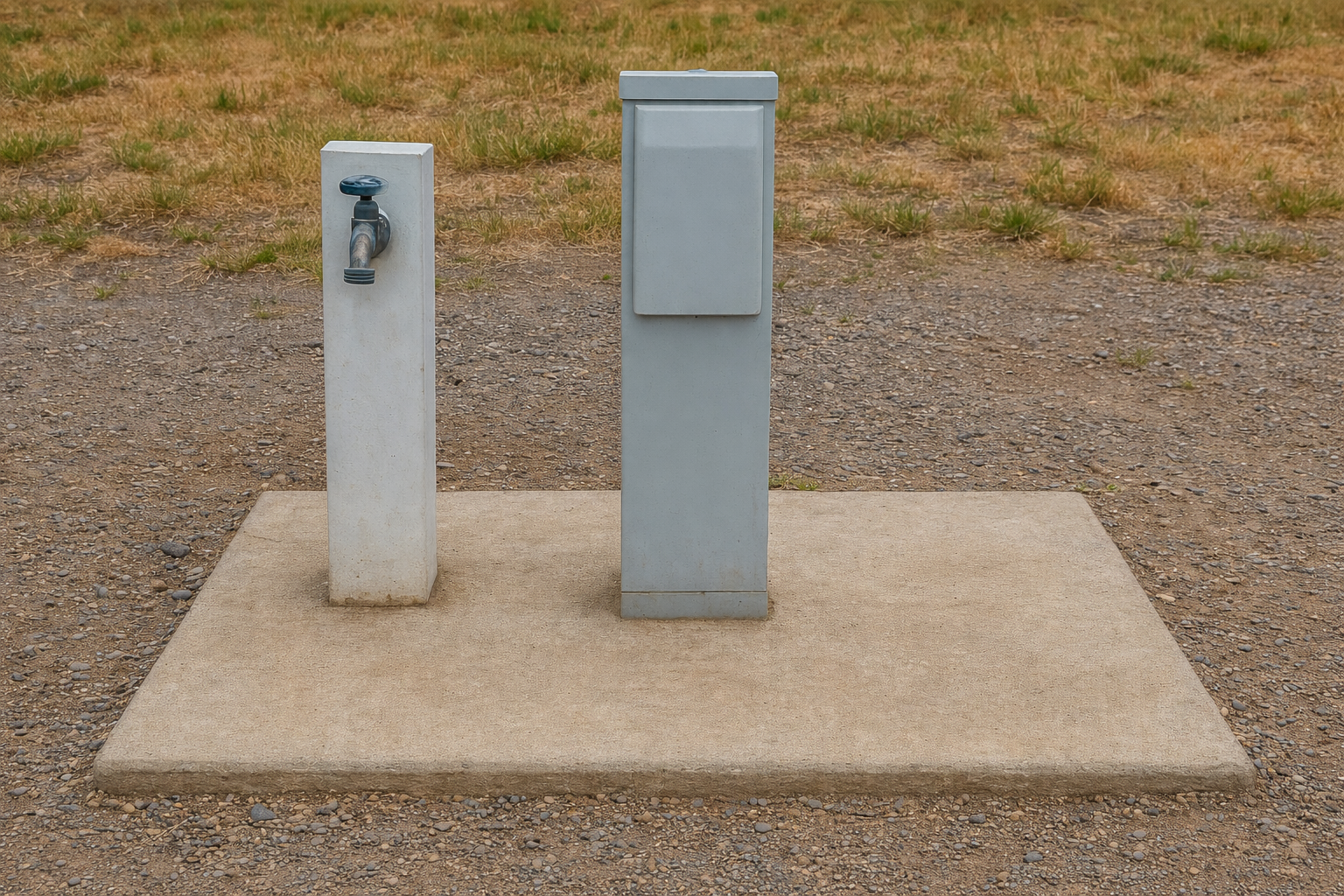 A water spigot and electrical outlet on a concrete pad in a gravel area.
