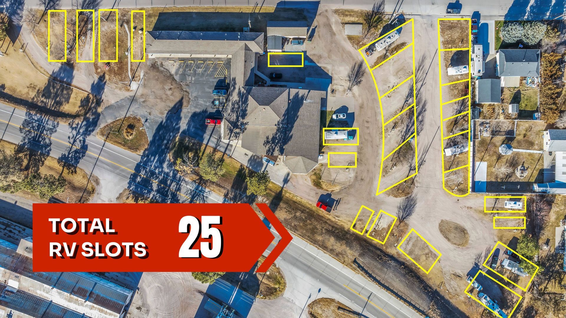 Aerial view of RV park with 25 highlighted slots.