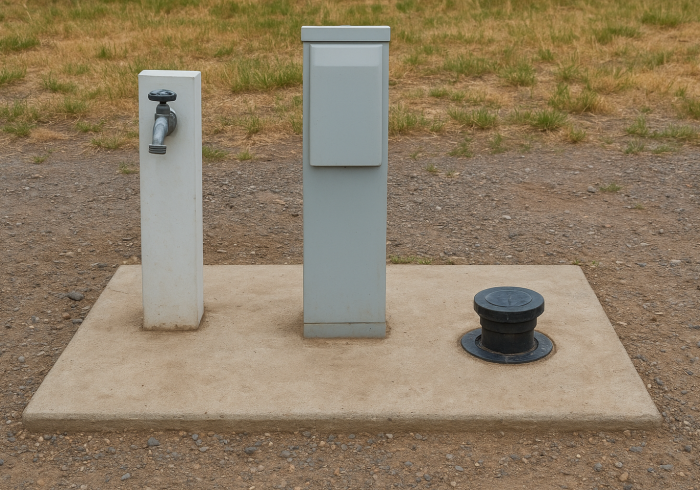 Water spigot and electrical box mounted on concrete base in an outdoor setting with gravel ground.
