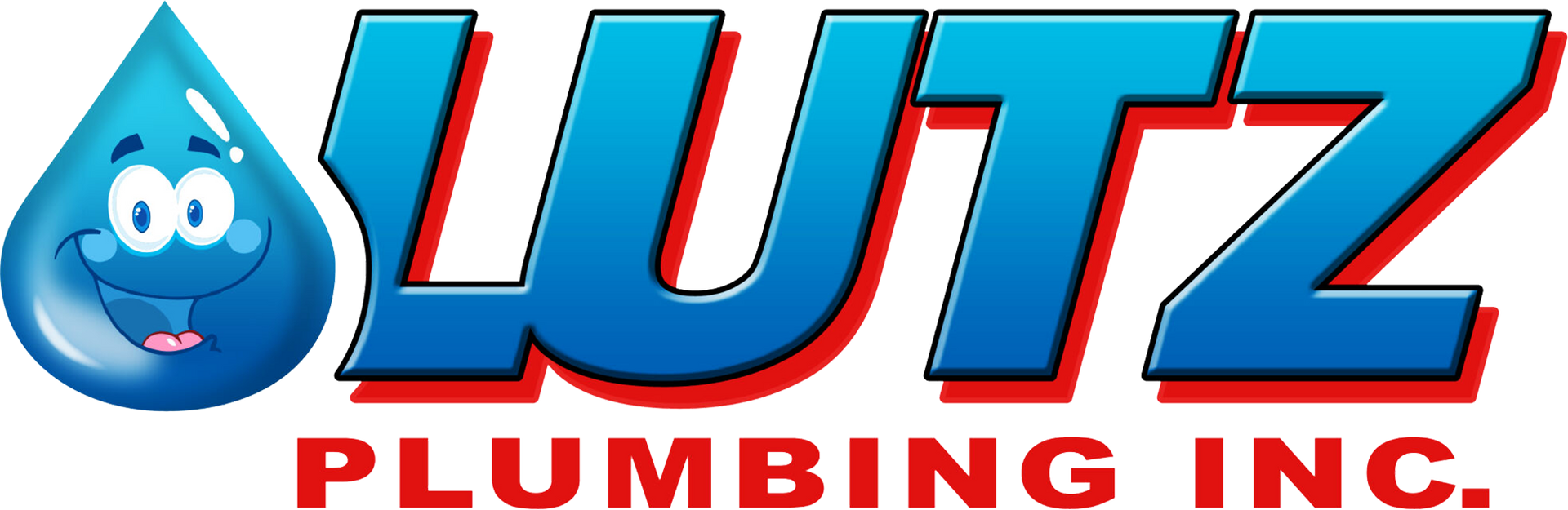 the logo for lutz plumbing inc. has a water drop with a face on it .