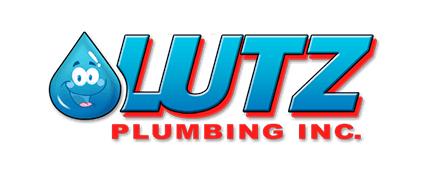 a blue and red logo for lutz plumbing inc.