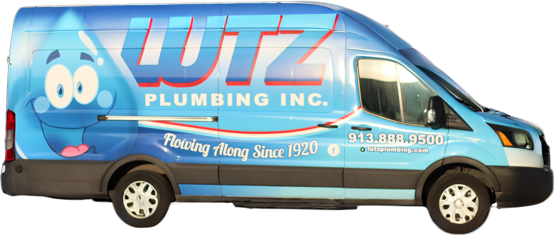 a blue van that says ' lutz plumbing inc ' on it