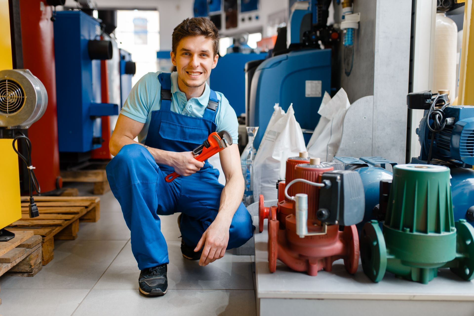 plumber kneeling with wrench in hand next to a collection of sump pumps