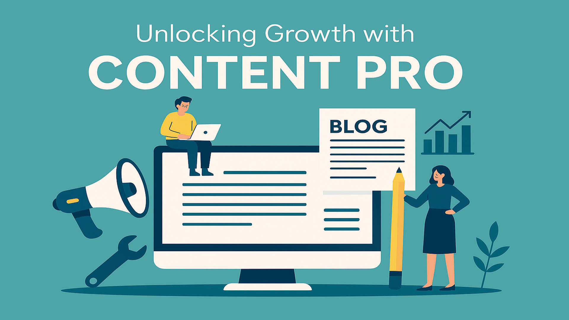 Flat illustration showing Content Pro service with people creating blog content on a desktop screen,