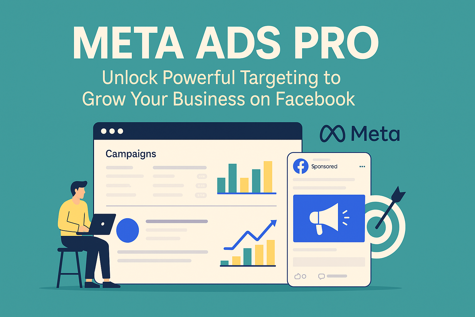 Flat illustration of a Facebook Ads dashboard with campaign metrics, ad creatives, and targeting too