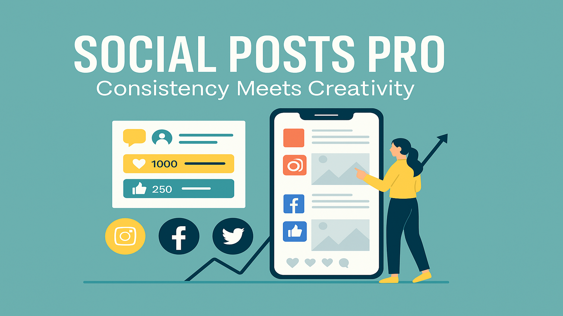 Flat illustration of a social media dashboard with posts, likes, and engagement metrics representing