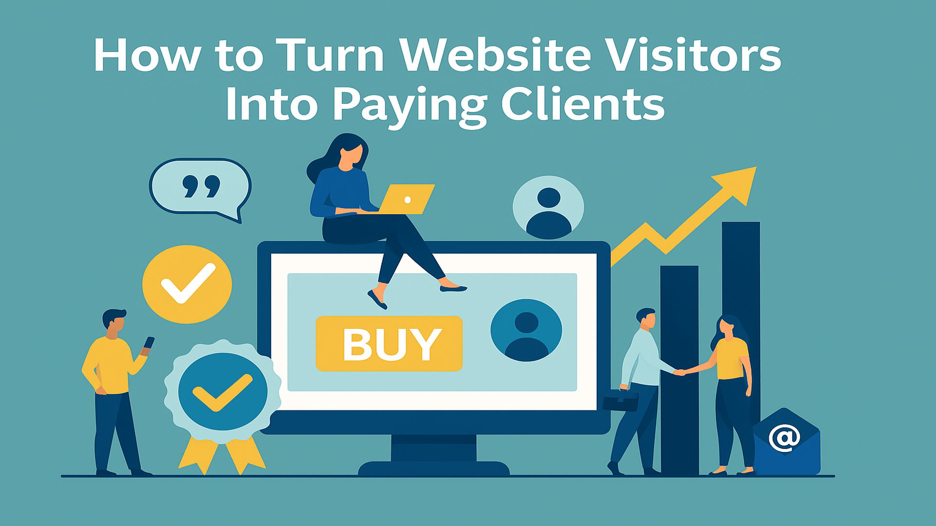 Flat illustration of a website conversion concept with a monitor, call-to-action button, and human i