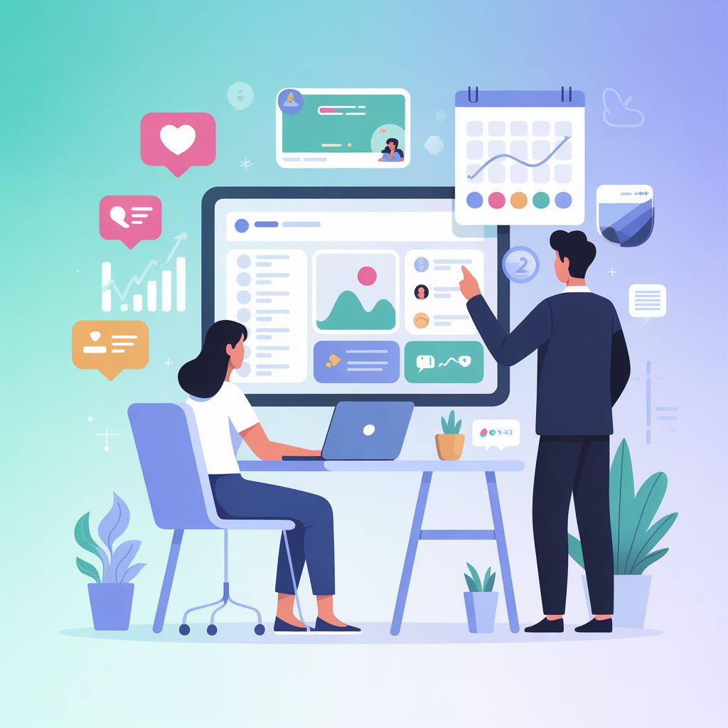 Illustration of small business social media marketing strategy with analytics dashboard