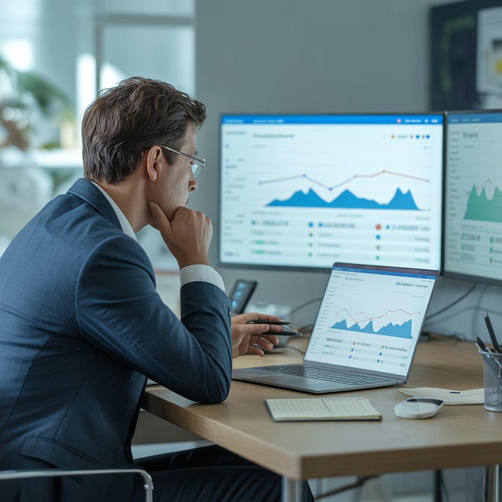 Business owner reviewing website analytics dashboard and conversion data