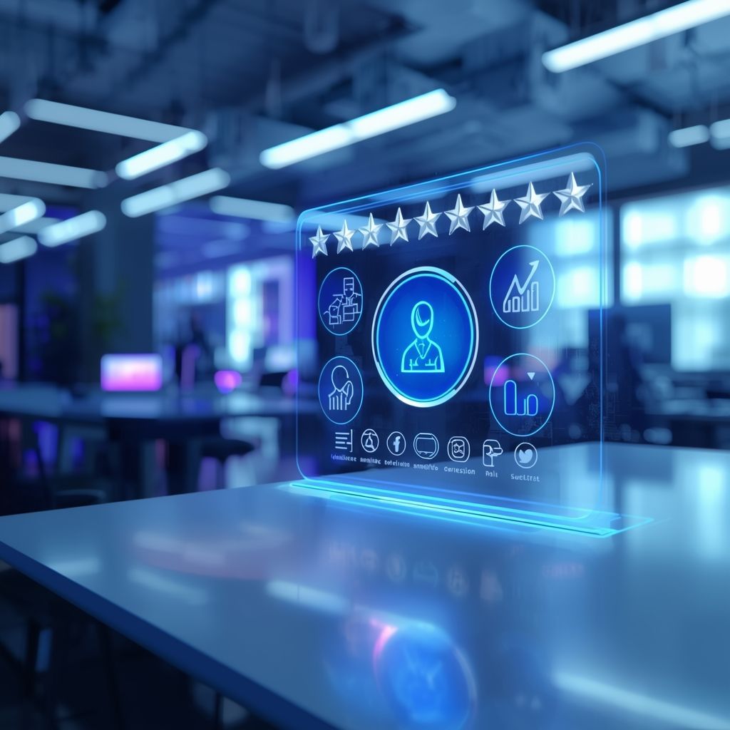 Futuristic online reputation management dashboard showing customer reviews ratings and analytics for business growth in 2026