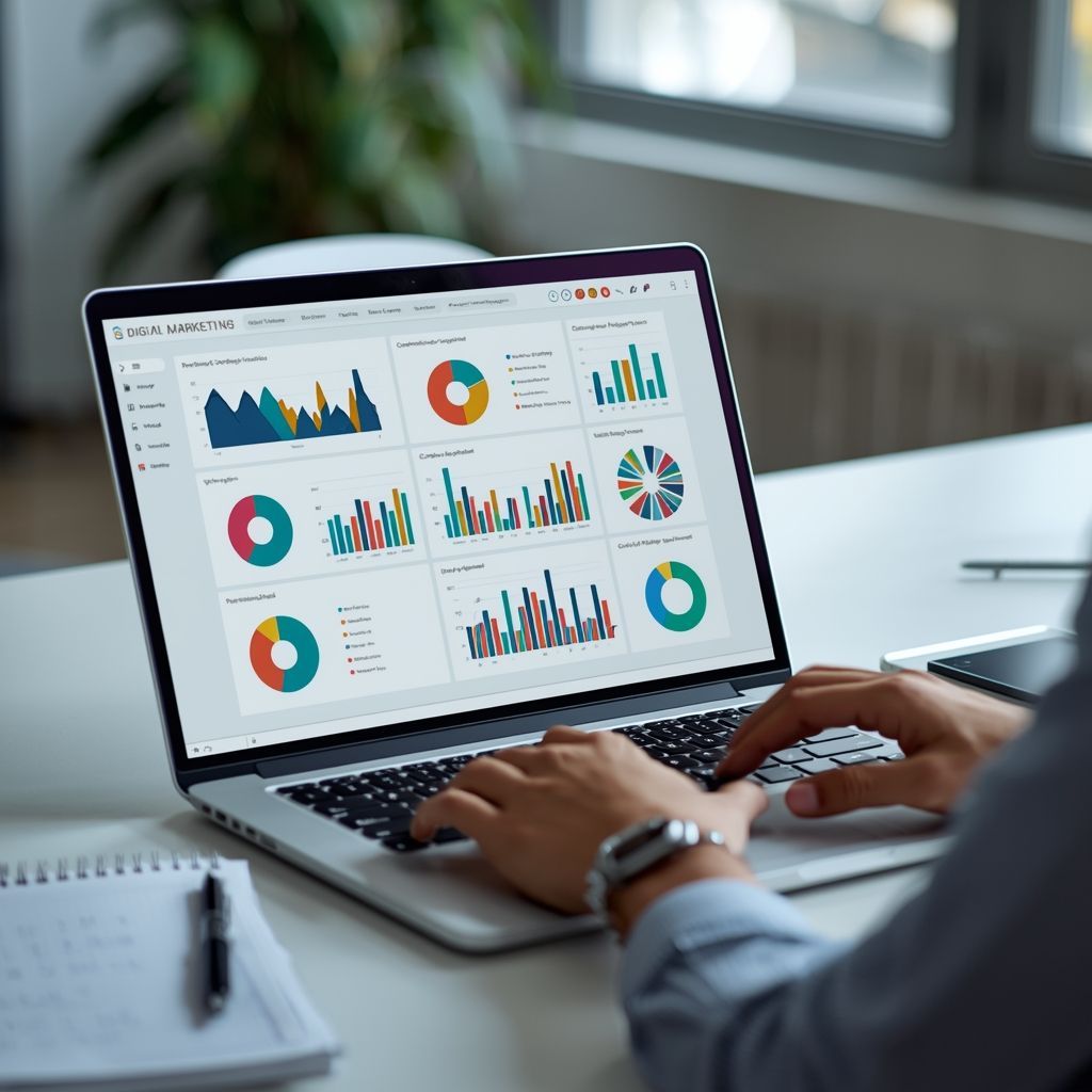 Google Analytics dashboard on laptop showing website traffic, conversions, and marketing performance
