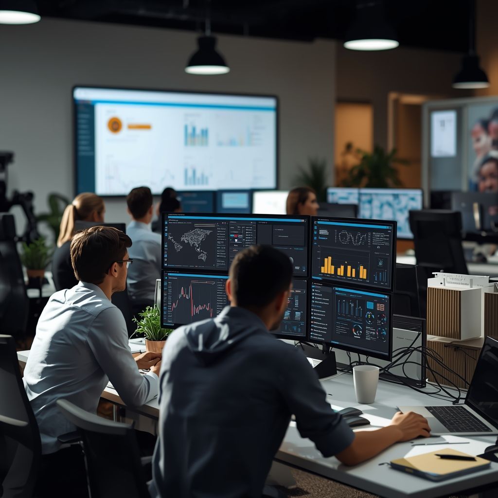 Digital marketing team analyzing campaign data on an all-in-one marketing dashboard