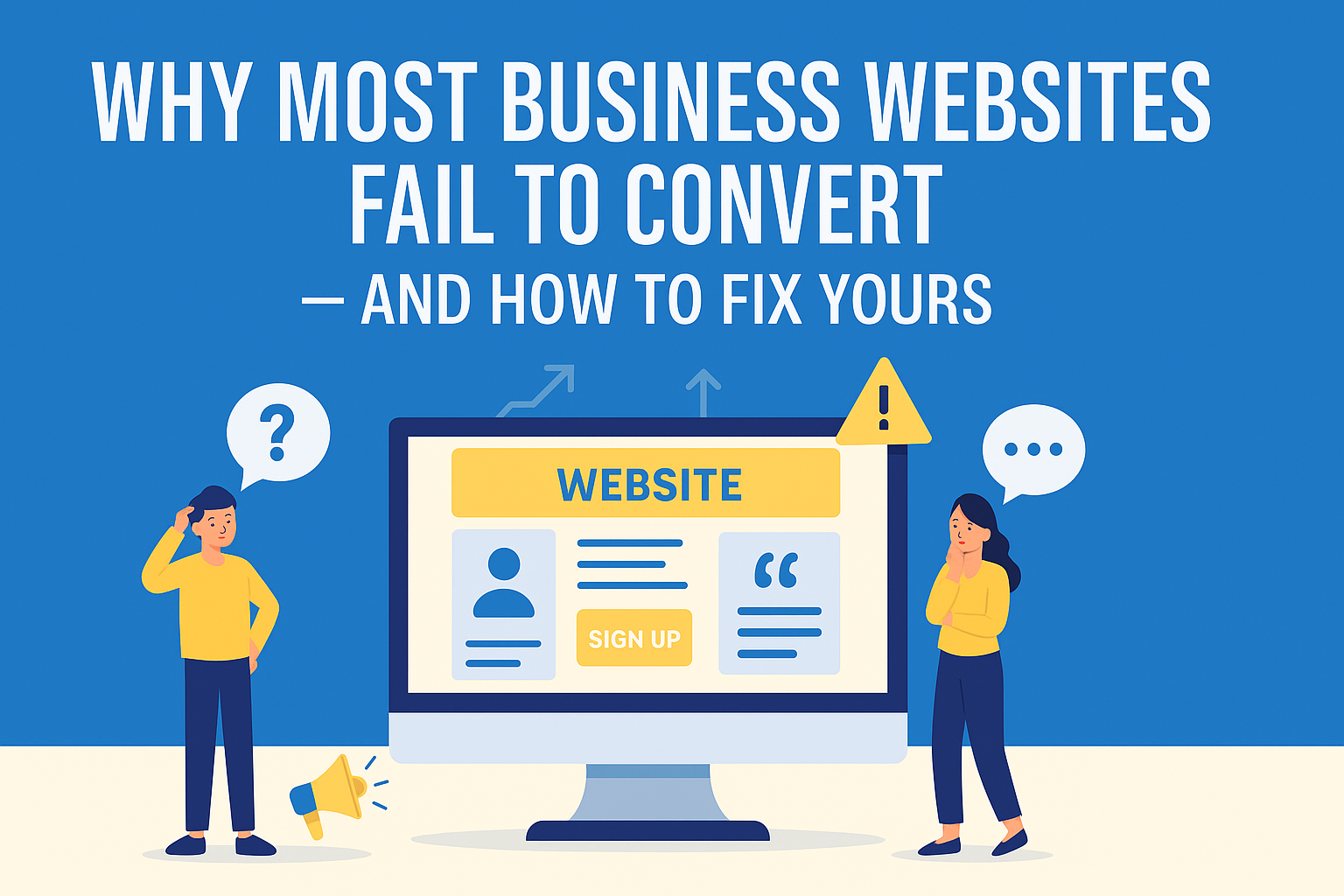 Flat illustration of a website and confused users, showing why websites fail to convert.
